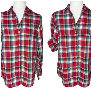 LRL Ralph Lauren S‎ 100% Linen Button Down Roll Tab Shirt Classic Plaid Logo